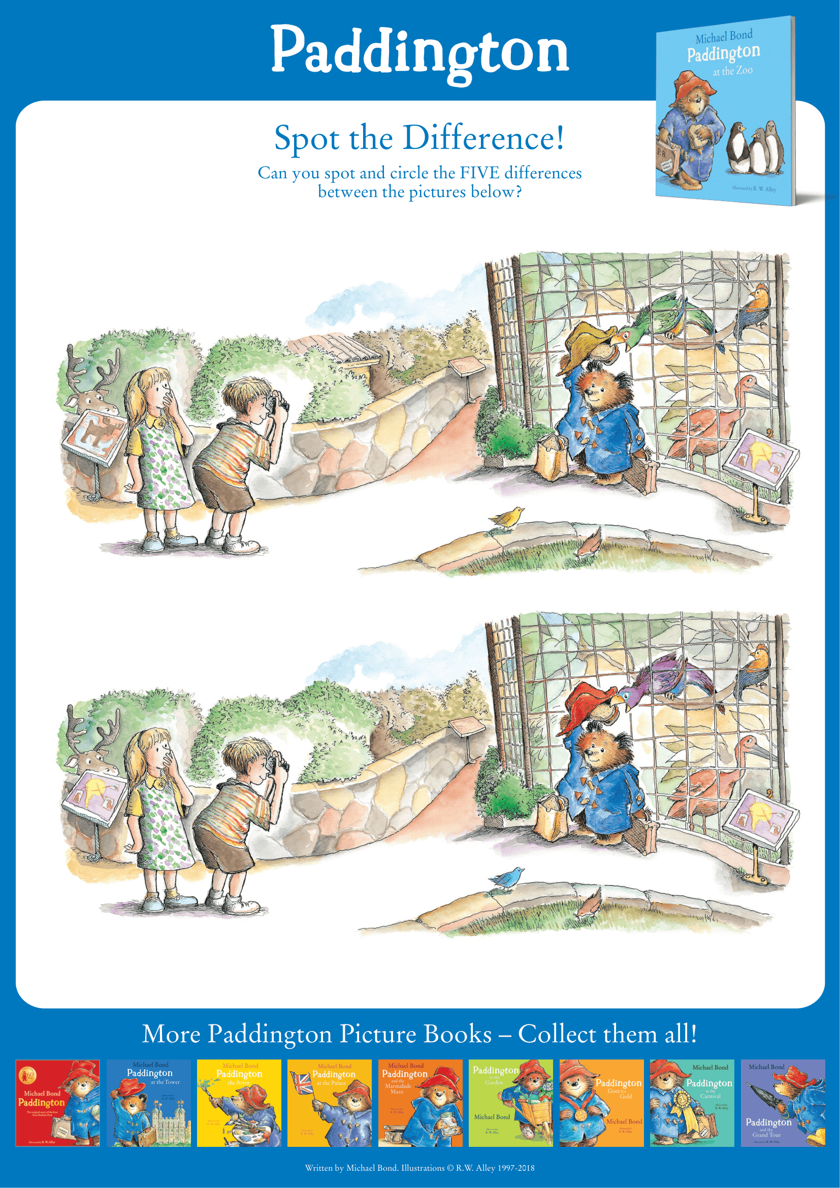 Free printable Paddington spot the difference activity sheet.